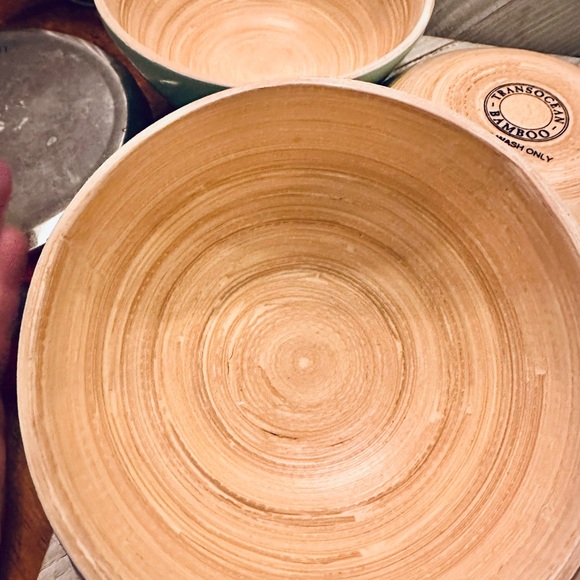 Transocean Bamboo Bowls Set of Six Wood Look and Green Blue Salad‎ Pasta - Picture 4 of 4